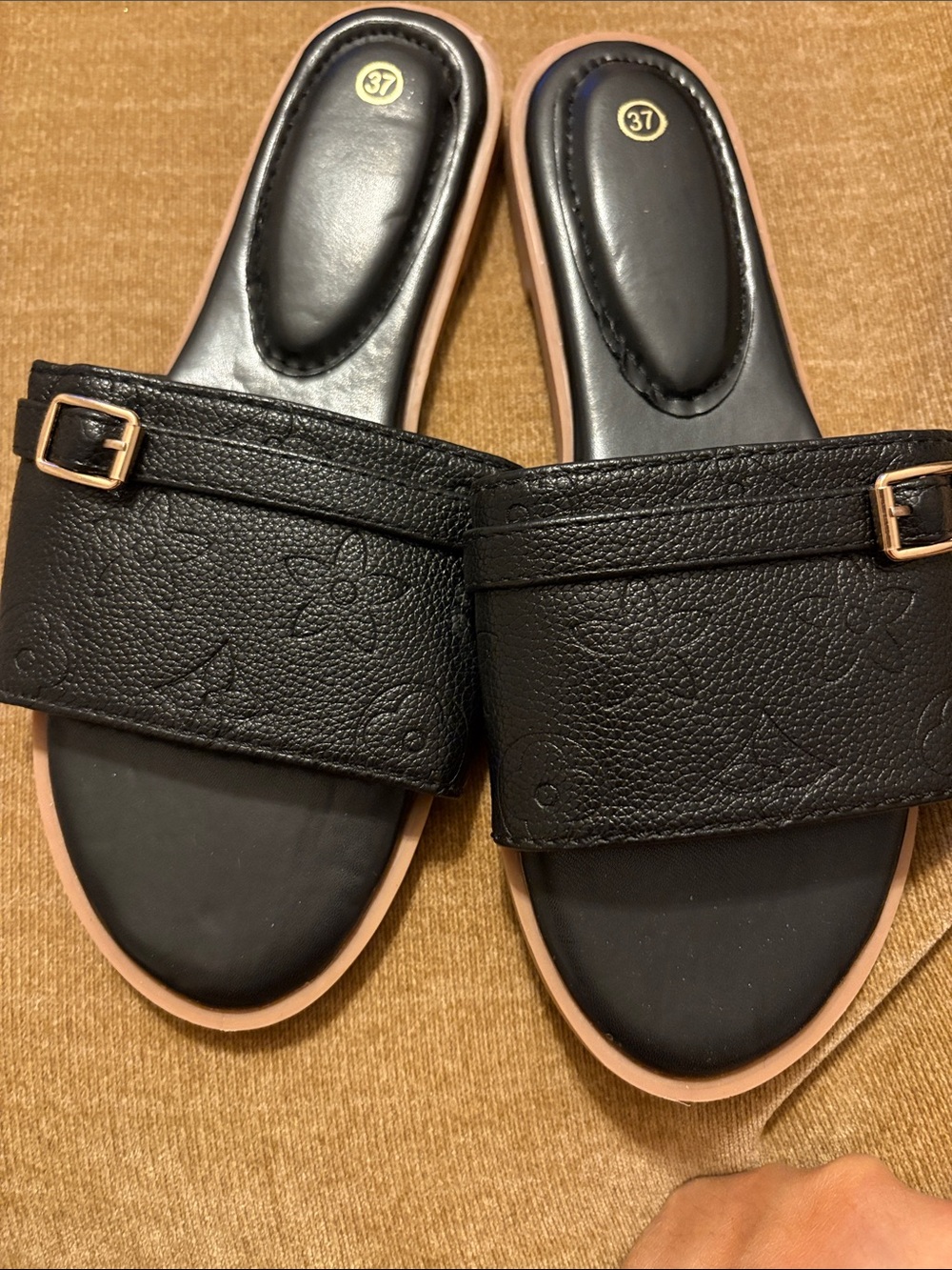 Black Slide Sandals with Embossed Floral Detail